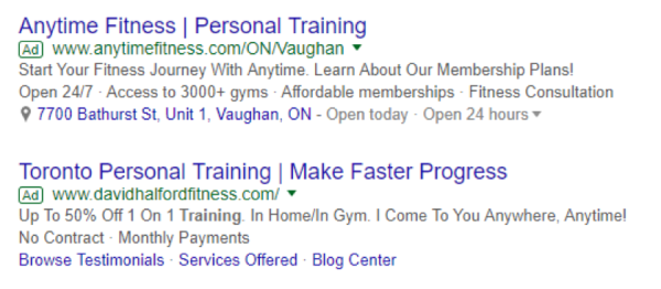 personal training search ads