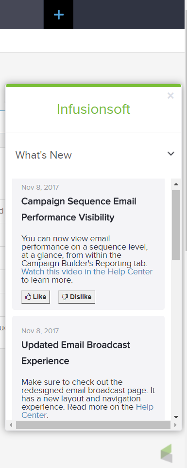 Infusionsoft what's new box