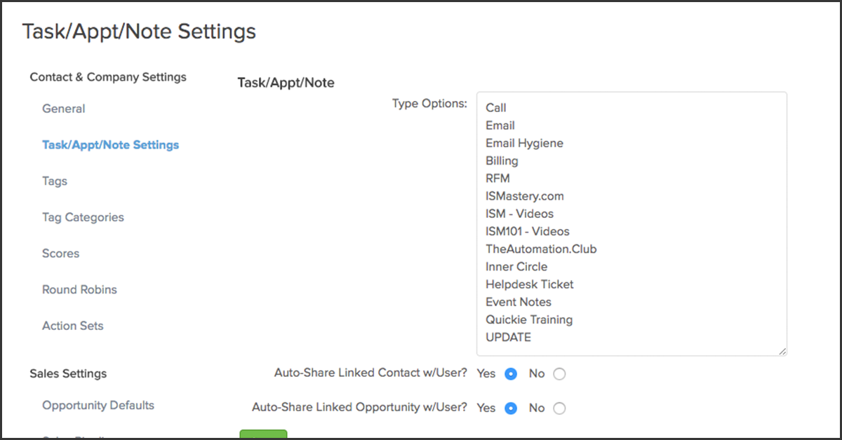 Infusionsoft note settings