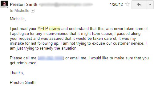 Preston Smith responding to yelp review