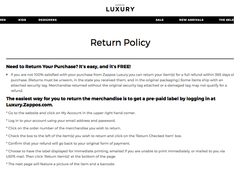 Zappos luxury return policy
